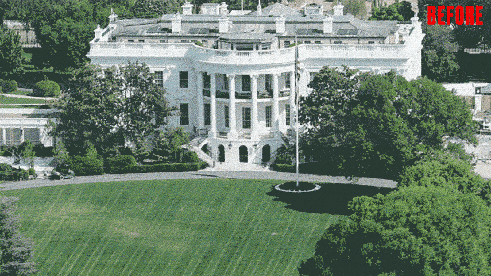 A comparison of the White House South Lawn on April 17 and June 24, in Washington, D.C.