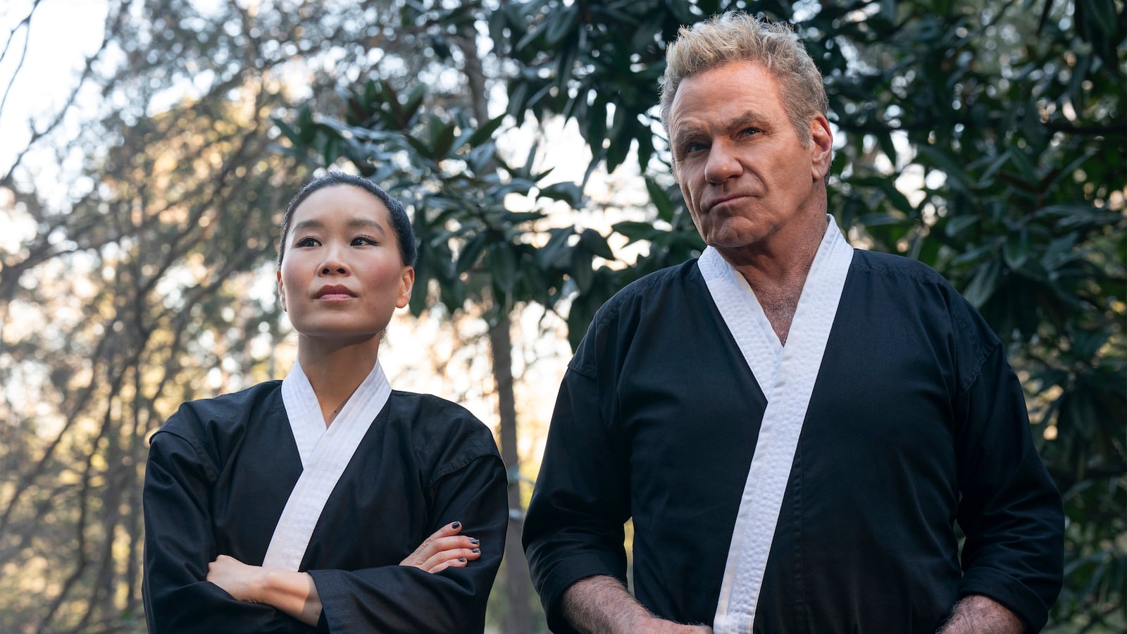 (L-R) Alicia Hannah-Kim as Kim Da-Eun, Martin Kove as John Kreese in Cobra Kai.