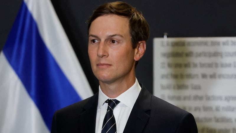 Jared Kushner listens as U.S. Vice President JD Vance (not pictured) speaks to members of the media in Kiryat Gat, Israel, October 21, 2025. REUTERS/Ammar Awad