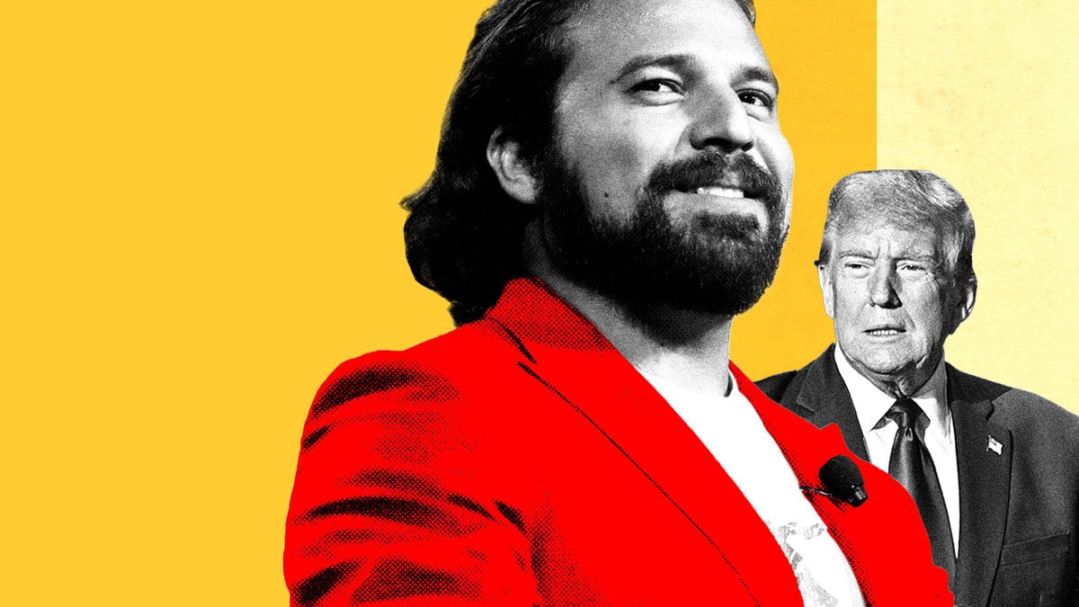 A photo illustration of Brandon Herrera in front of Donald Trump