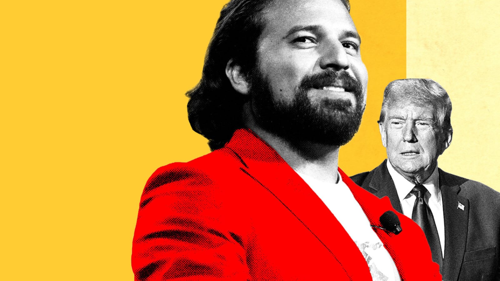 A photo illustration of Brandon Herrera in front of Donald Trump