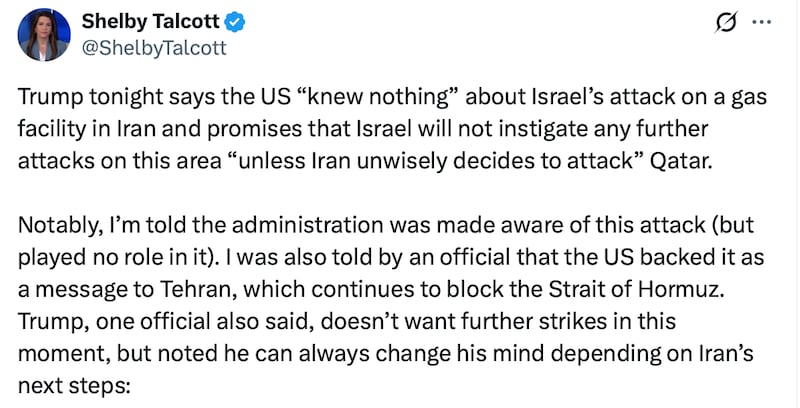Semaphor question Trump's post that he "knew nothing" about the Israel attack.