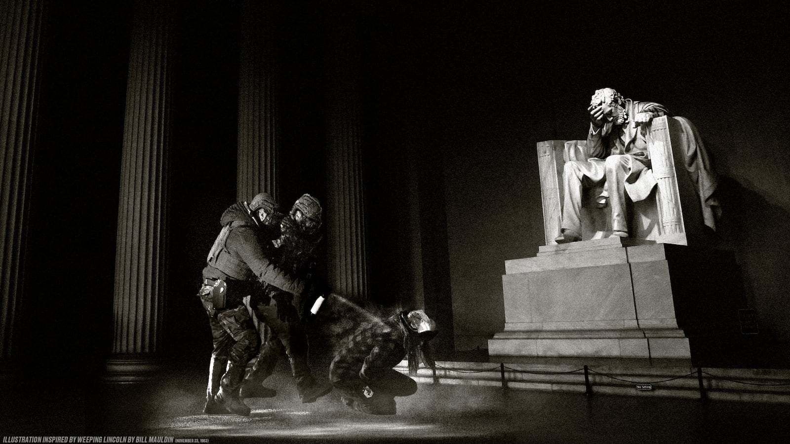 Photo illustration collage inspired by Bill Mauldin's Weeping Lincoln showing the Lincoln Memorial with his head in his hand in sorrow behind ICE agents pepper spraying a woman from the protests in Minneapolis, Minnesota