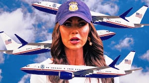 A photo illustration of Kristi Noem surrounded by DHS branded 737 aircraft.