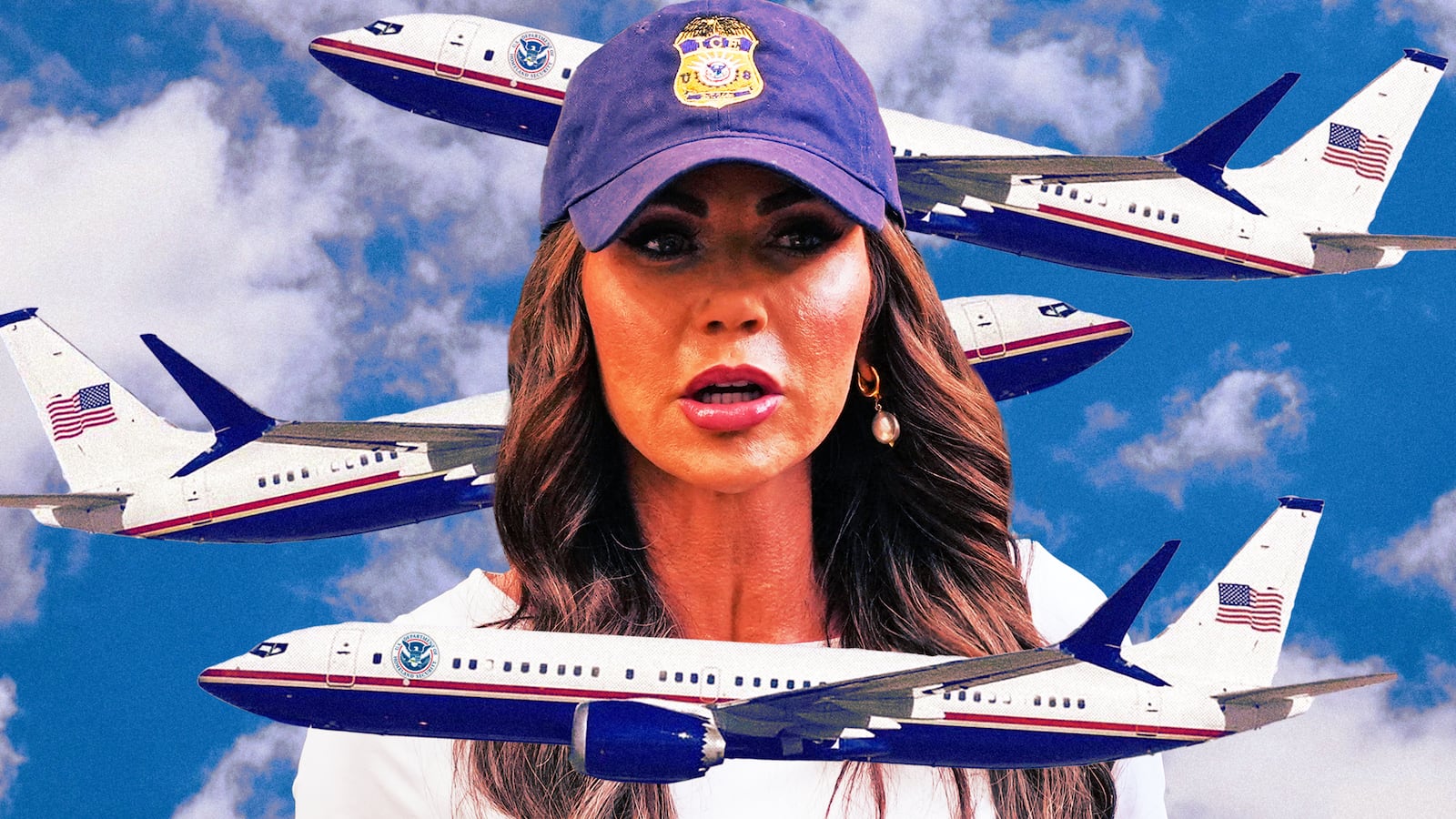 A photo illustration of Kristi Noem surrounded by DHS branded 737 aircraft.