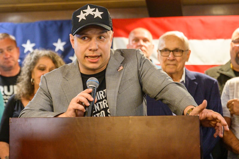 MAYFIELD, NY - JUNE 23: Anthony Constantino delivers his victory speech after defeating Assemblyman Robert Smullen in the Republican Party Primary for the 21st Congressional District on Tuesday June 23, 2026, at Lanzi's on the Lake in Mayfield, NY. (Jim Franco/Albany Times Union via Getty Images)