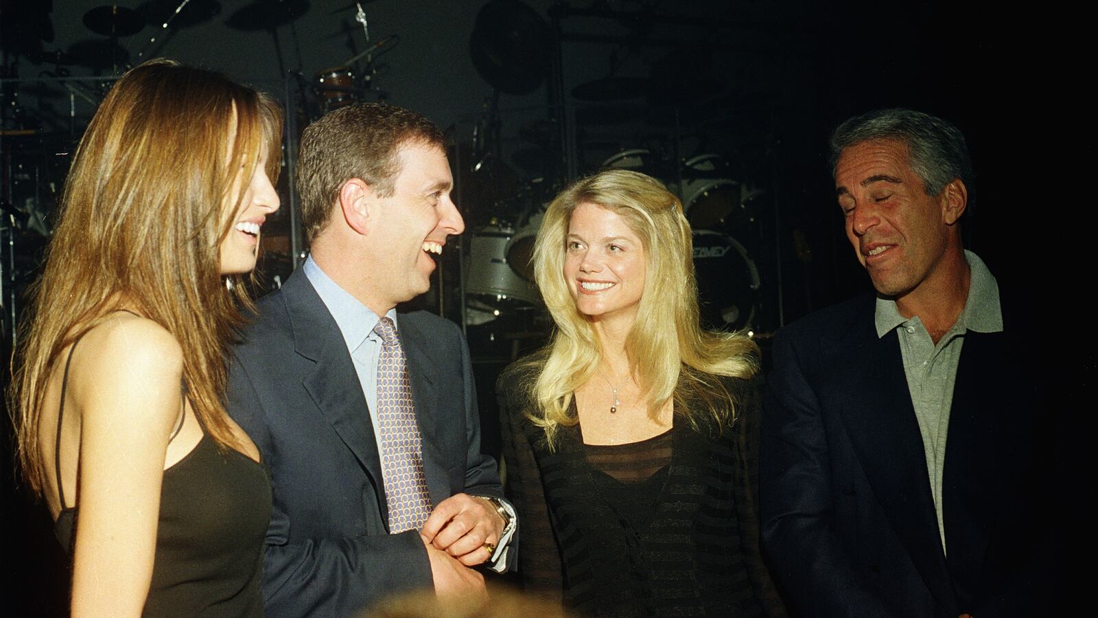 Melania Trump, Prince Andrew, Gwendolyn Beck and Jeffrey Epstein at a party at the Mar-a-Lago club, Palm Beach, Florida, February 12, 2000.