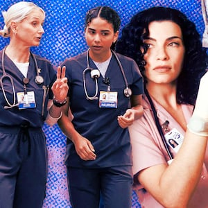 A photo illo illustration for The Looker of Jesse, Dana, and Emma from The Pitt. Nurse Carol Hathaway from ER, and Alex from St. Denis Medical.