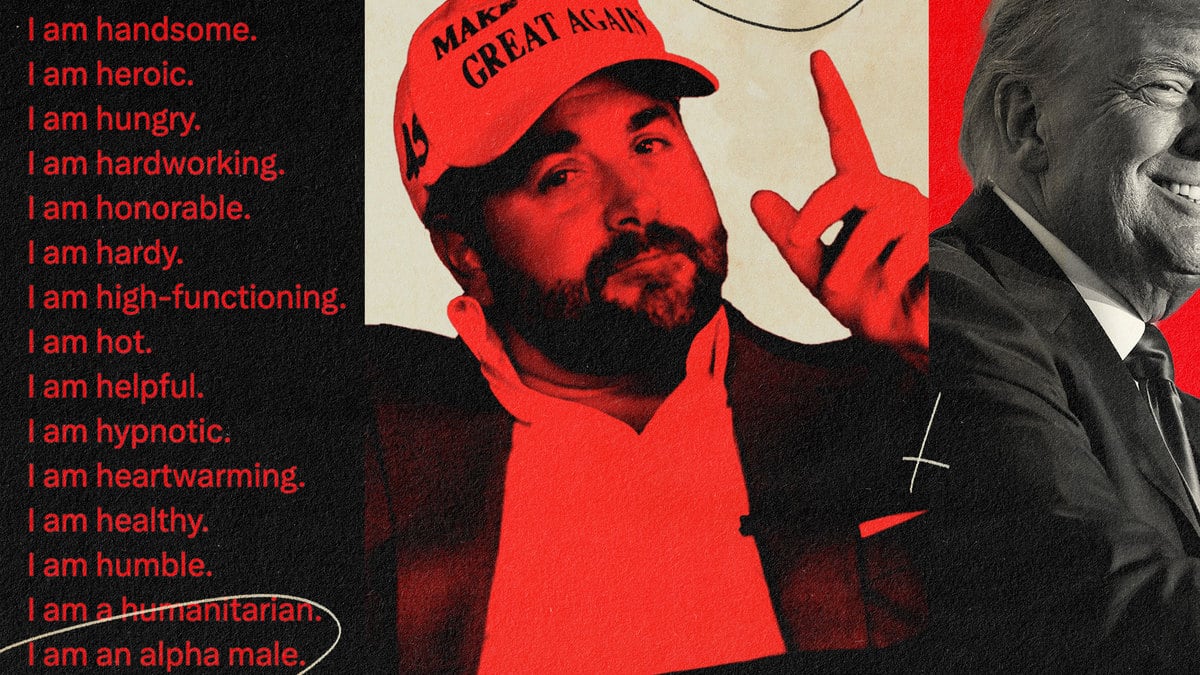 A triptych of pictures that show Nick Adams in a MAGA hat, Donald Trump, and a screenshot of a Nick Adams tweet that claims he is, among other things, handsome, high-functioning, humble, and an alpha male.