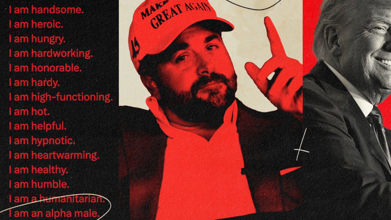A triptych of pictures that show Nick Adams in a MAGA hat, Donald Trump, and a screenshot of a Nick Adams tweet that claims he is, among other things, handsome, high-functioning, humble, and an alpha male.