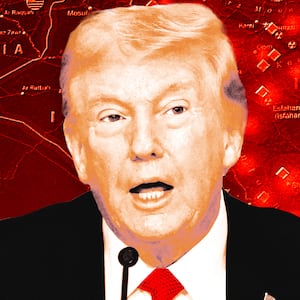 A photo illustration of Donald Trump in front of a map of the Iran war.