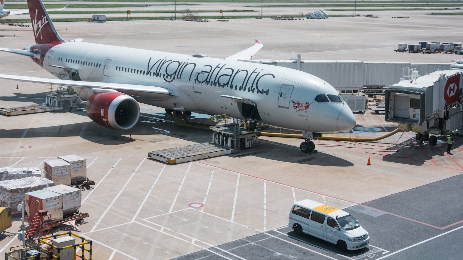 general view of an aircraft of Virgin altlantic airline is seen parked at Pudong international airport in Shanghai, China on August 21, 2023 (Photo by Ying Tang/NurPhoto via Getty Images)