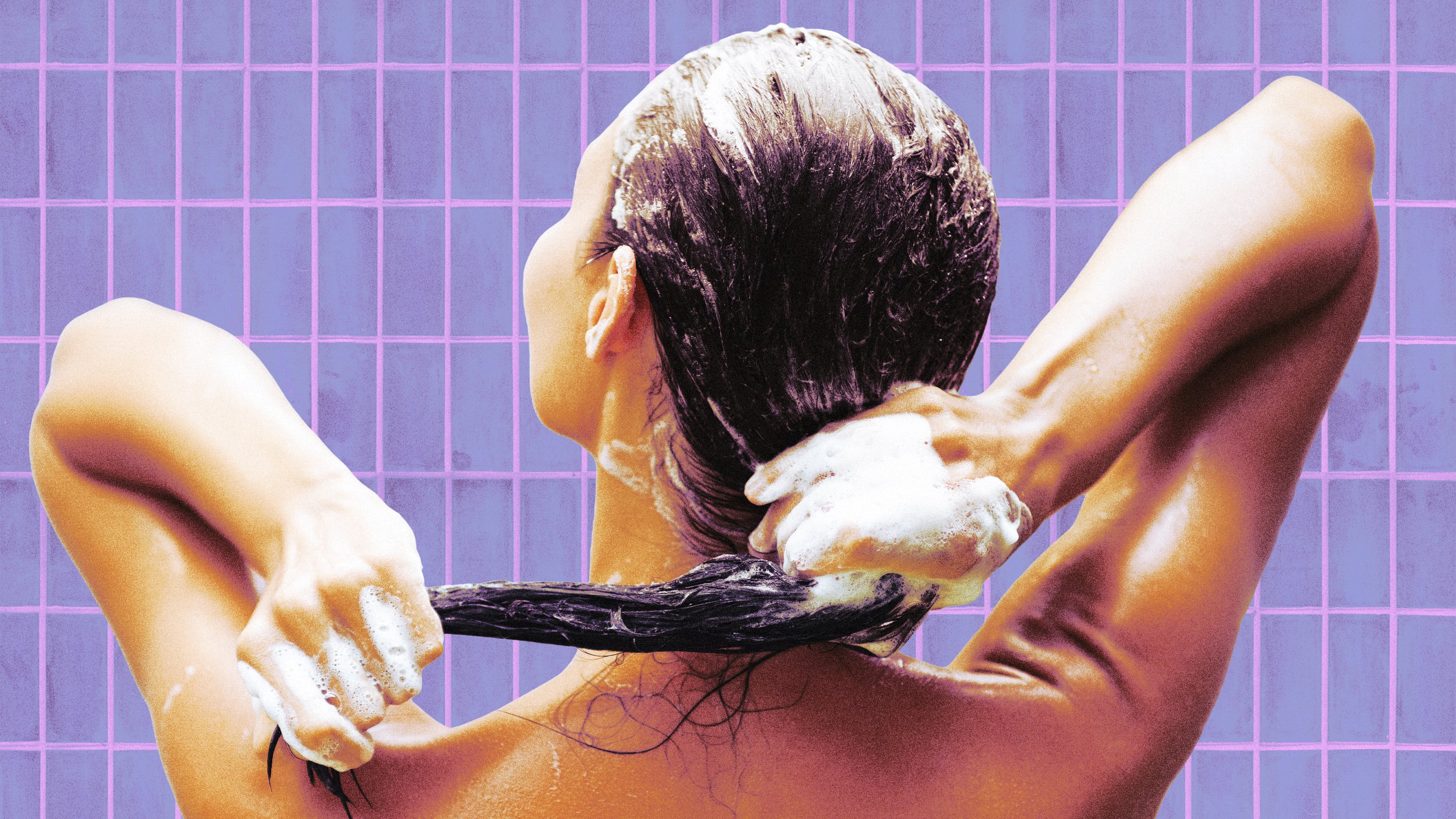 A photo illustration of a woman washing her hair.