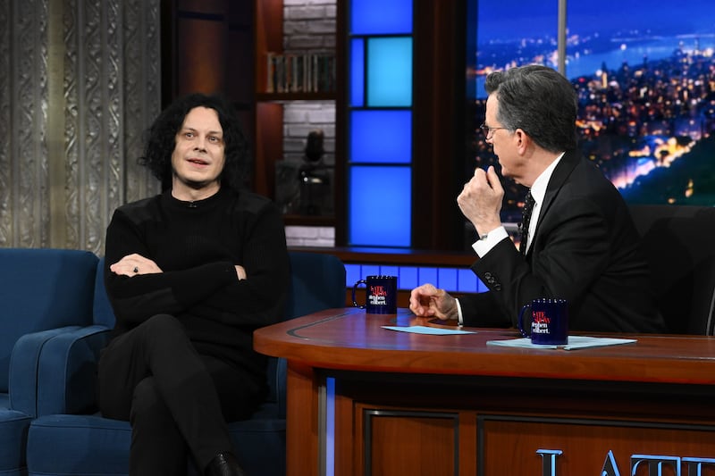 Jack White and Stephen Colbert on the CBS series The Late Show with Stephen Colbert on April 6.