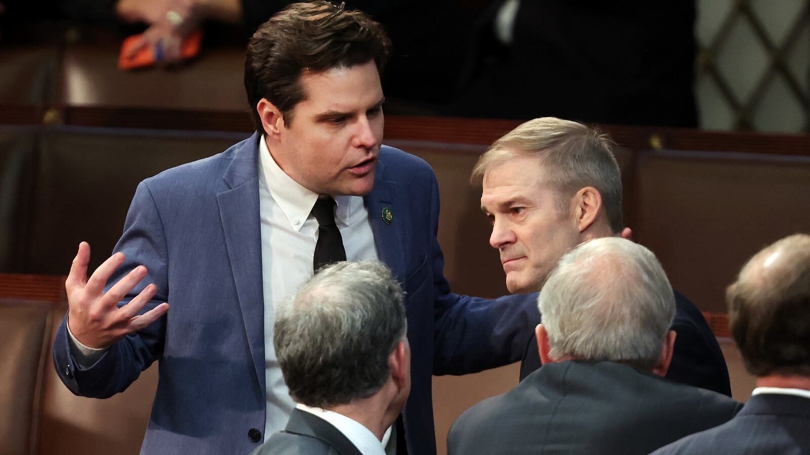 Matt Gaetz (R-FL) (L) talks to Rep. Jim Jordan (R-OH).