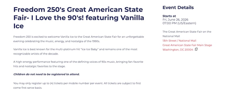 Vanilla Ice is listed on the Freedom 250 website, but not C+C Music Factory.