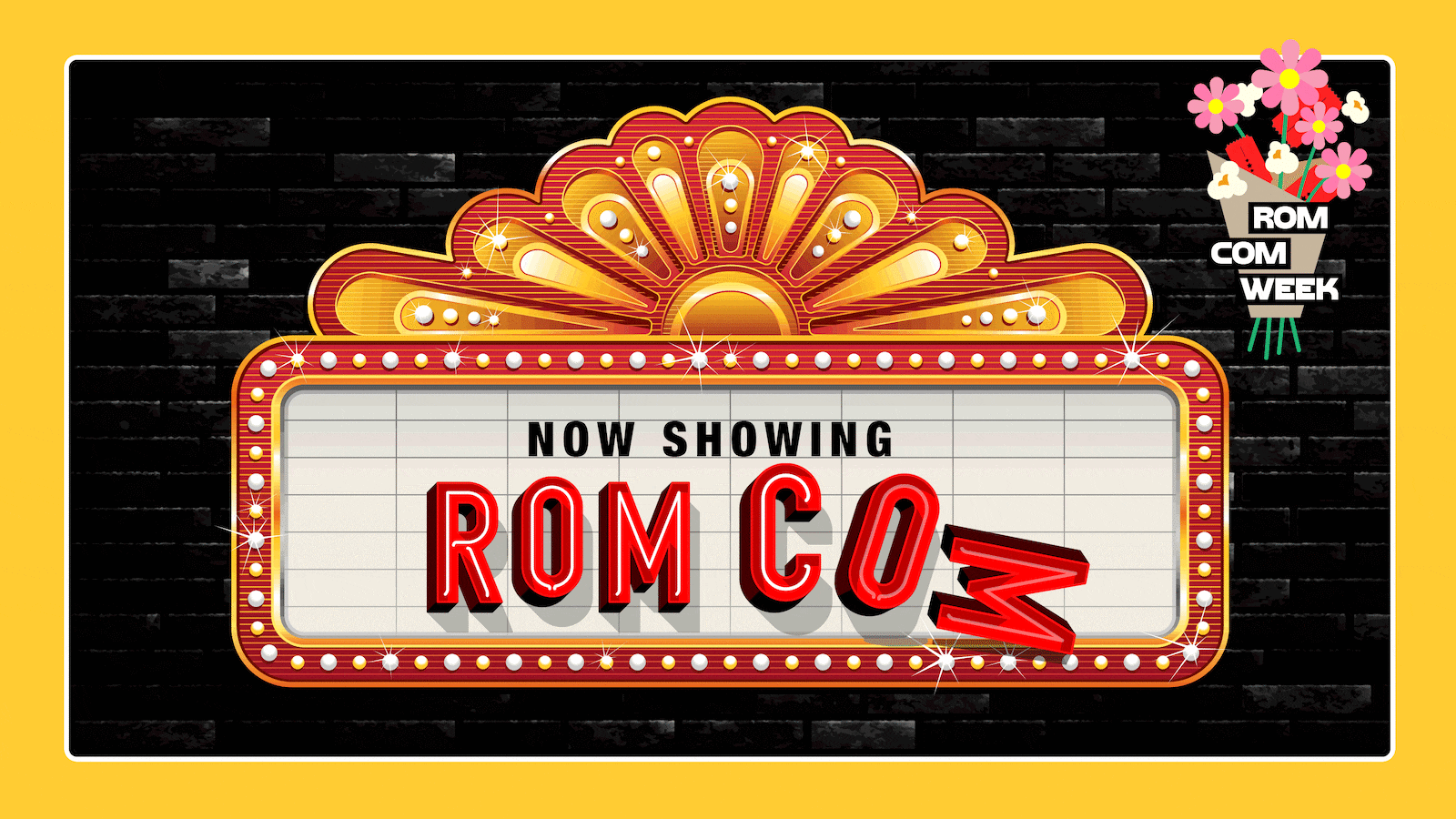 A photo illustration of a theater marquee with the words “Now showing Rom Com” on it with the “Com” part falling off