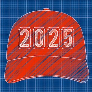 Blueprint of red baseball MAGA hat with "2025" written on it