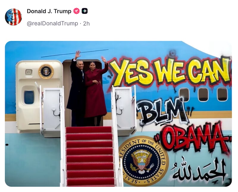 Donald Trump posts about the Obamas on Truth Social.