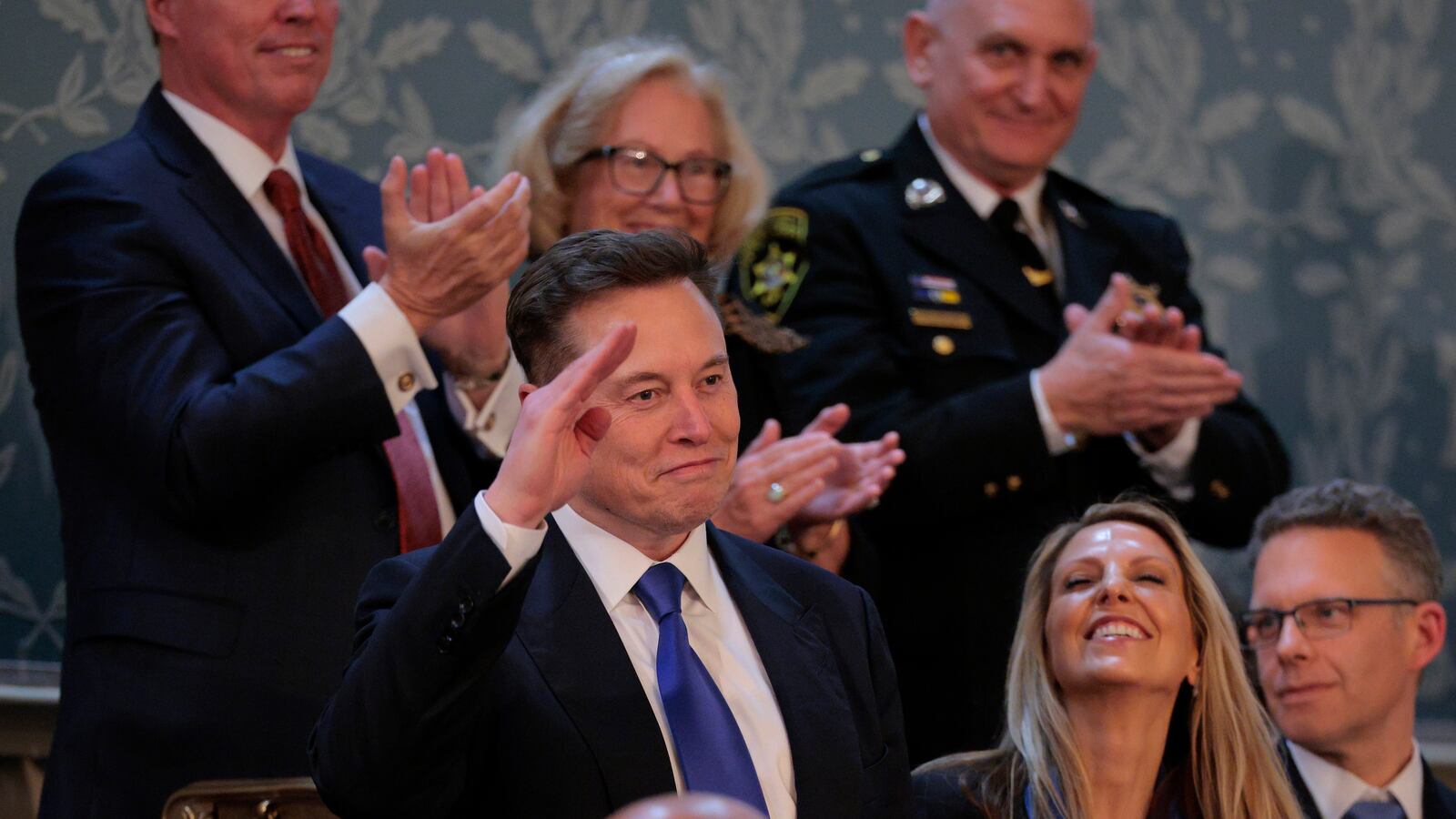 Elon Musk stands after being recognized by U.S. President Donald Trump while addressing a joint session of Congress at the U.S. Capitol on March 04, 2025 in Washington, DC.