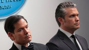 U.S. Secretary of Defense Pete Hegseth and U.S. Secretary of State Marco Rubio look on as U.S. President Donald Trump holds a press briefing at the White House, following a shooting incident during the annual White House Correspondents’ Association dinner, in Washington, D.C., U.S., April 25, 2026.