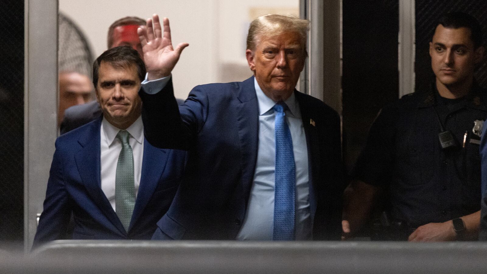 Former U.S. President Donald Trump returns from a break to the courtroom at Manhattan Criminal Court in New York, US, on Friday, April 26, 2024.