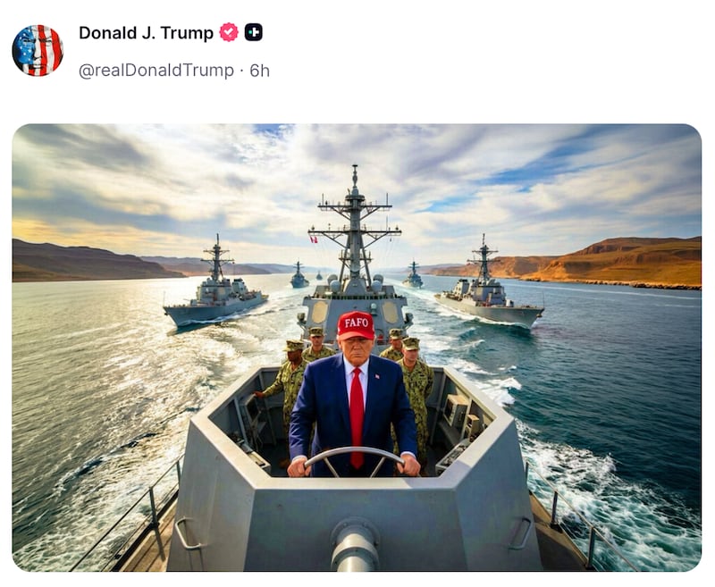 Trump in a "FAFO" red cap.