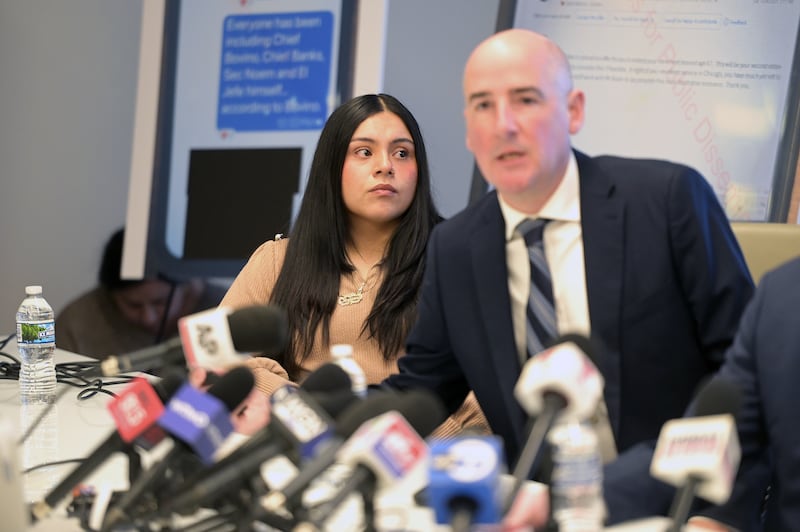 Marimar Martinez, a Chicago teacher's assistant who survived being shot five times by a U.S. Border Patrol agent in Oct. 2025, speaks during a news conference at the law offices of Cheronis & Parente LLC and Gallagher & Kosner Law LLC on Feb. 11, 2026, in Chicago, Illinois. Following a recent federal court ruling to release body camera footage and internal text messages related to the incident, Martinez and her legal counsel addressed the media regarding the dismissal of federal assault charges against her and their ongoing efforts to combat what they describe as a 'misinformation campaign' by the Department of Homeland Security. Martinez was shot during 'Operation Midway Blitz' while attempting to warn neighbors of the presence of immigration agents in her Brighton Park neighborhood.