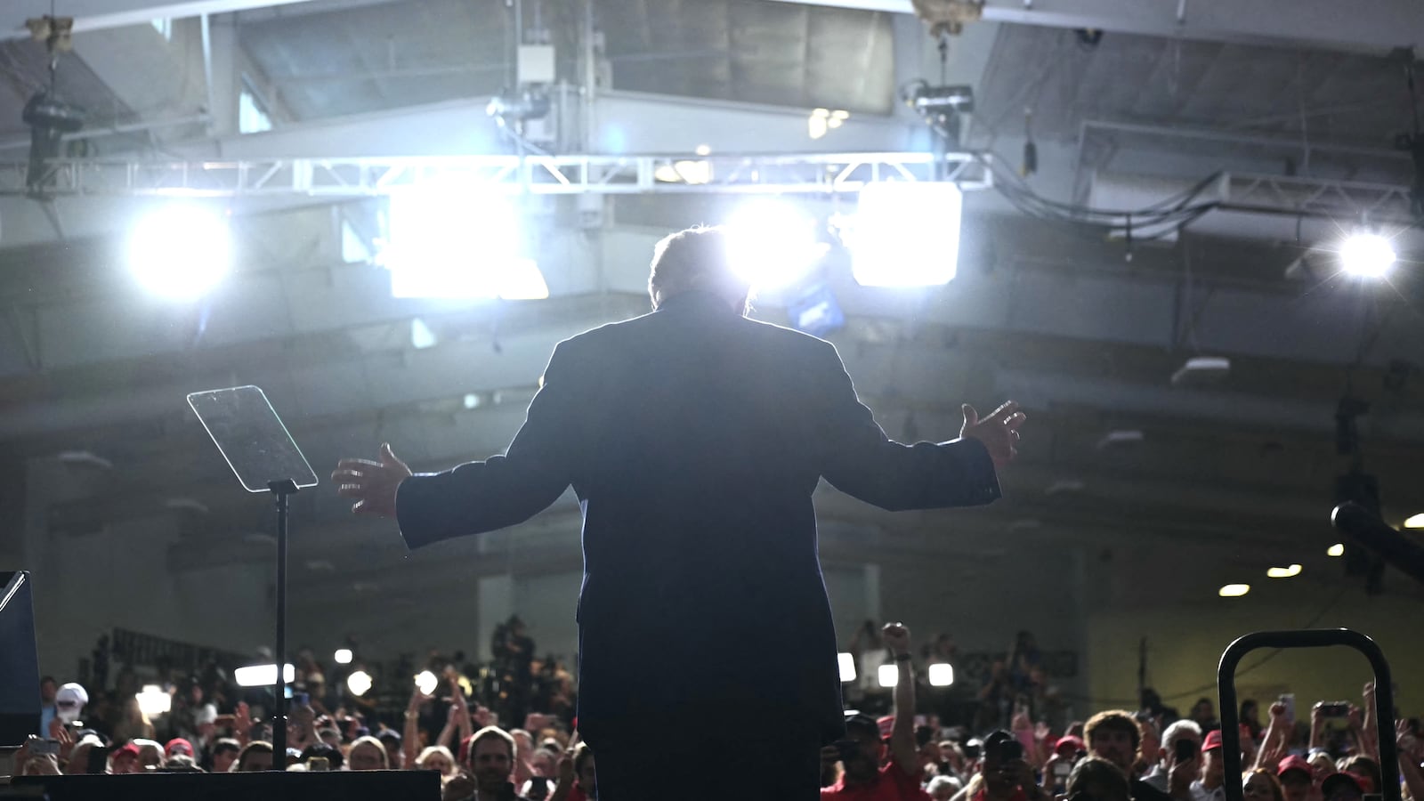 US President Donald Trump speaks during a campaign rally at Pinnacle Bank Expo Center in Grand Island, Nebraska, on October 5, 2026.