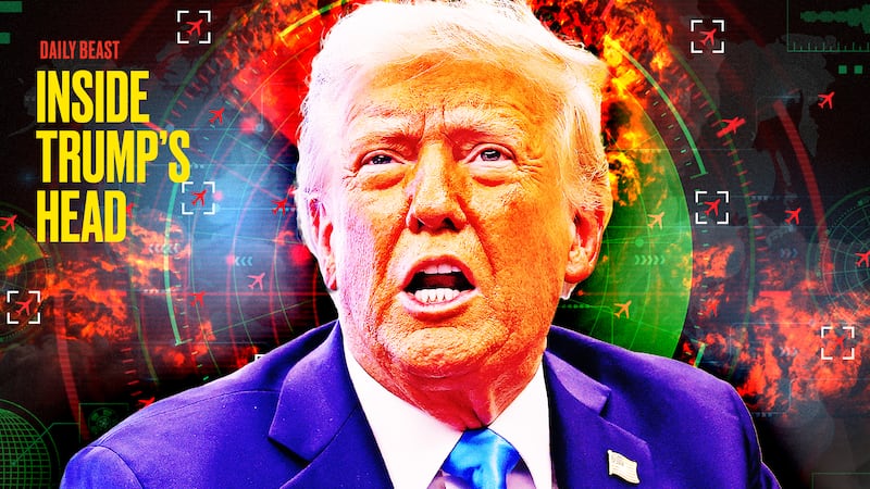 A photo illustration of Donald Trump and Iran War Plan Meltdown Inside Trump's Head podcast.