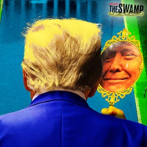 A photo illo illustration of Donald Trump holding up a mirror in front of the D.C. reflecting pool.