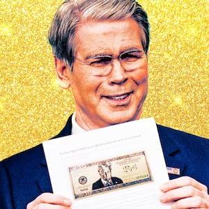 A photo illo illustration of Secretary of the Treasury Scott Bessent holding up a $250 dollar bill concept with Donald Trump's face on it.