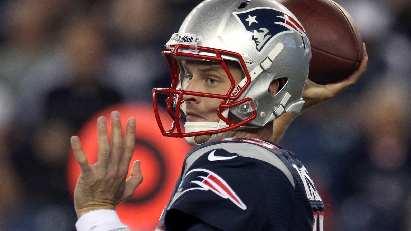 New England Patriots quarterback Ryan Mallett looks for a passing route against the New York Giants during their NFL preseason game in Foxborough, Massachusetts.