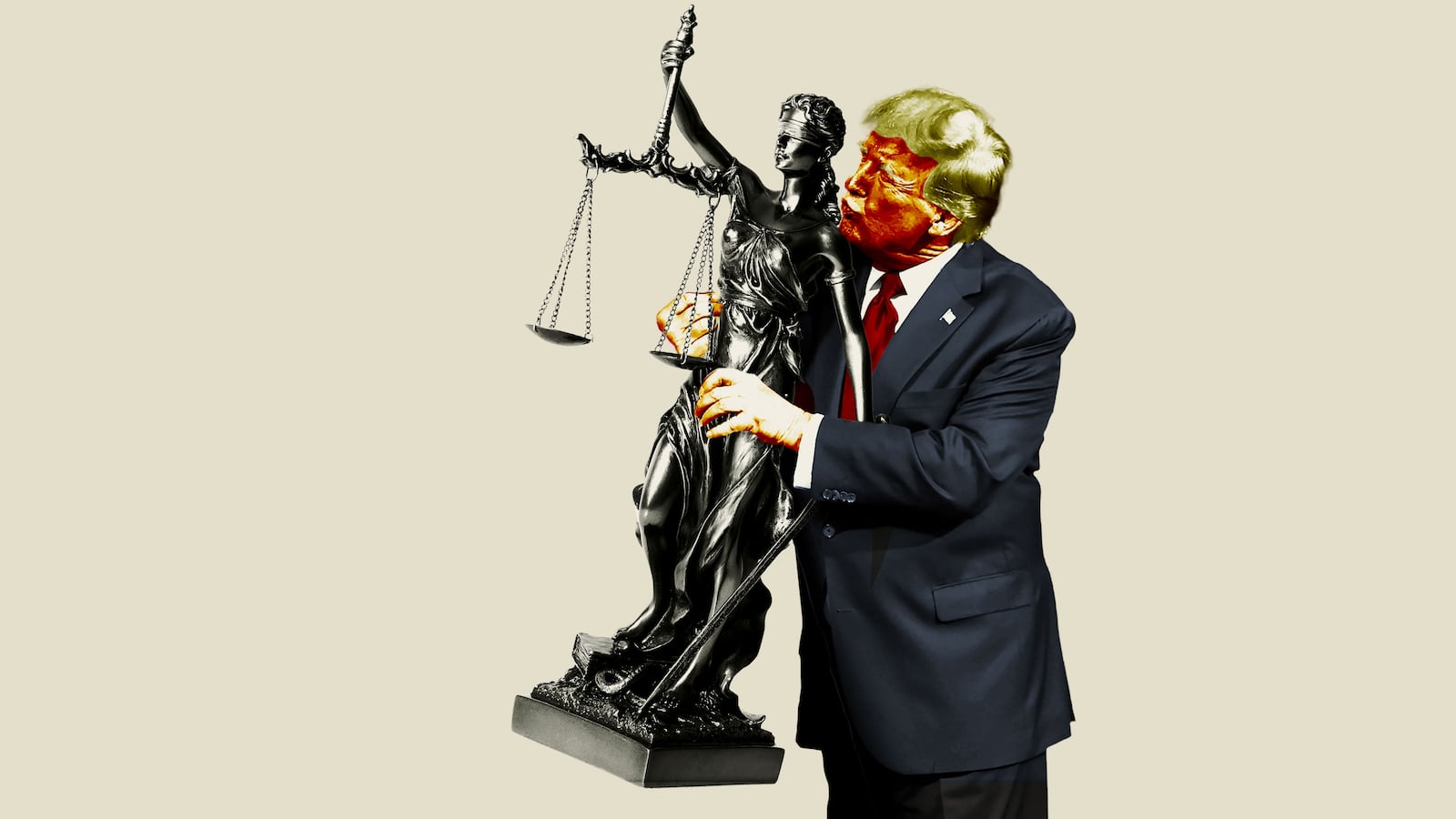 Donald Trump hugging and kissing a statue of Lady Justice