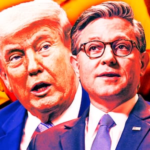 A photo illo illustration of Trump and Speaker Johnson.