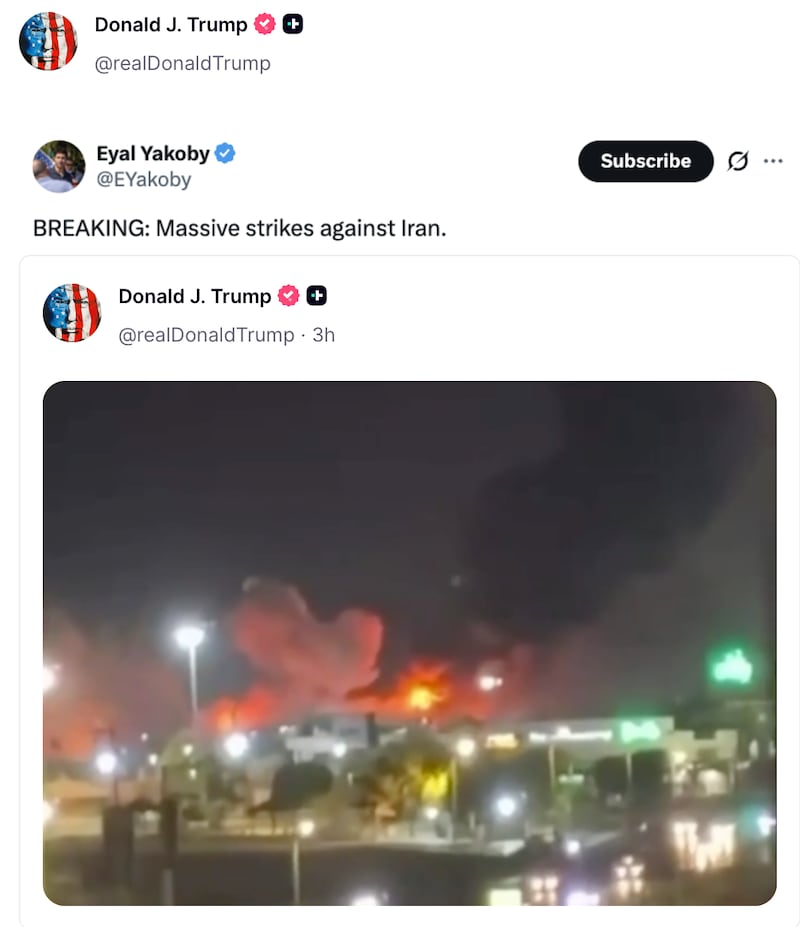 Donald Trump shares a video of strikes on Iran.