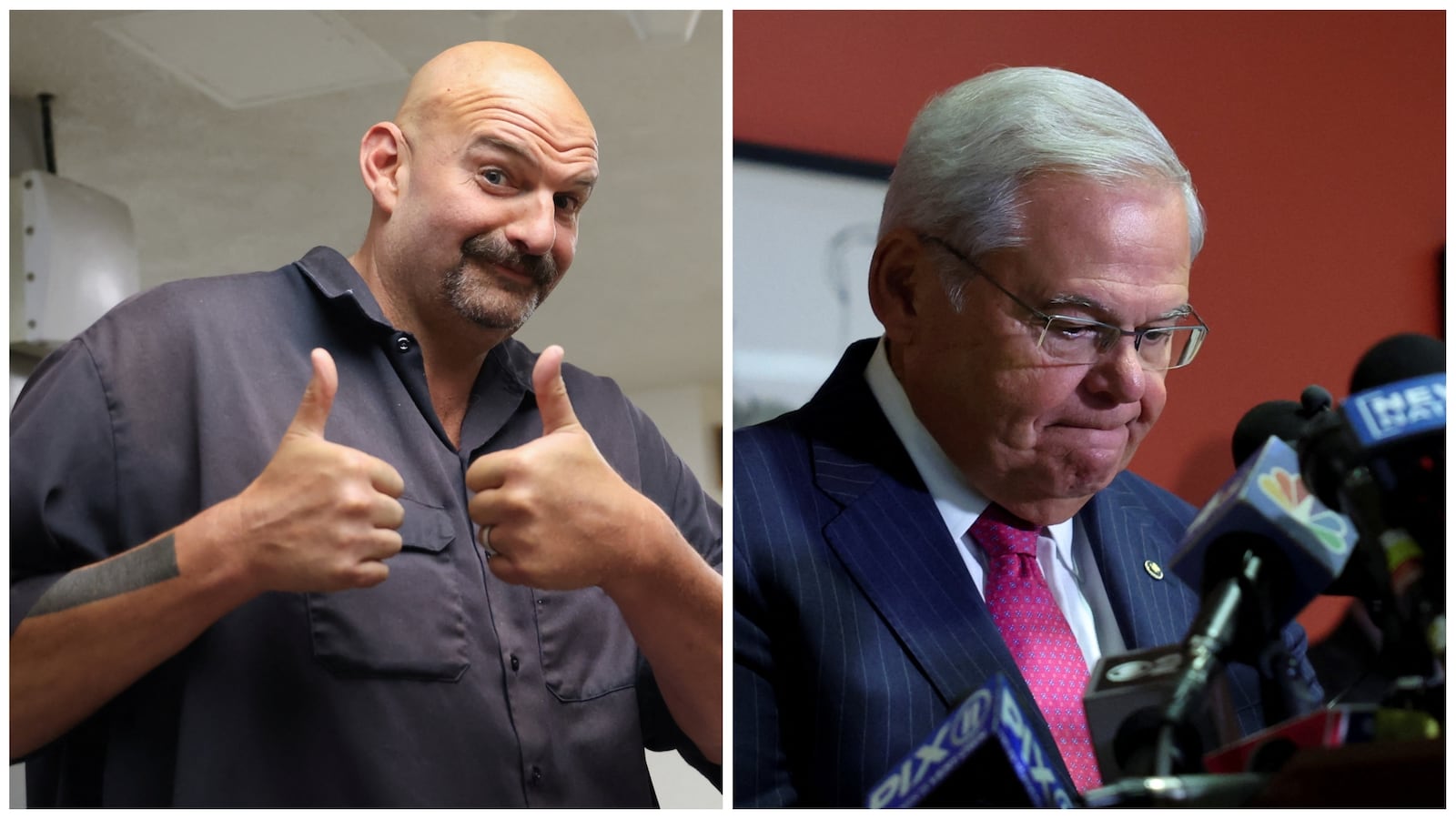 U.S. Senator John Fetterman (D-PA) gives two thumbs up (L). U.S. Senator Robert Menendez (D-NJ) delivers remarks, after he and his wife Nadine Menendez were indicted on bribery offenses (R).