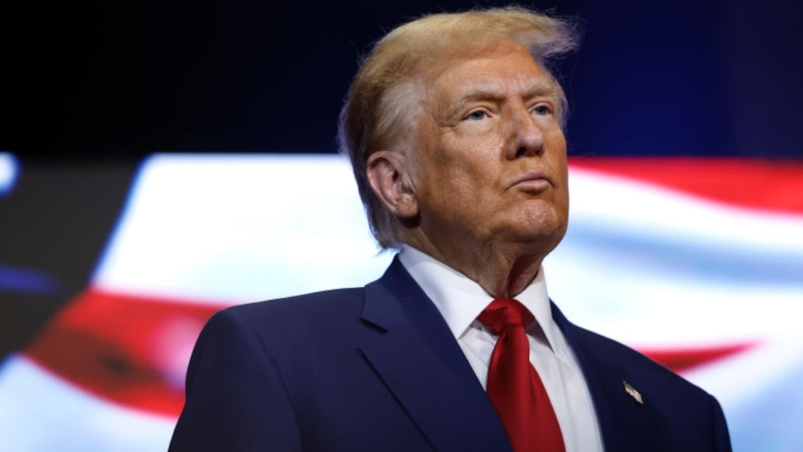 Republican presidential nominee, former U.S. President Donald Trump looks on during a roundtable with faith leaders at Christ Chapel on October 23, 2024 in Zebulon, Georgia. Trump is campaigning across Georgia today as he and Democratic presidential nominee, U.S. Vice President Kamala Harris attempt to win over swing state voters.