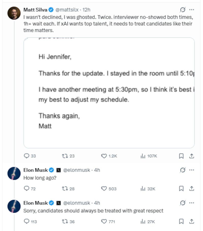 Musk apologized to Matt SIlva who claimed to have been ghosted during an interview with xAI.