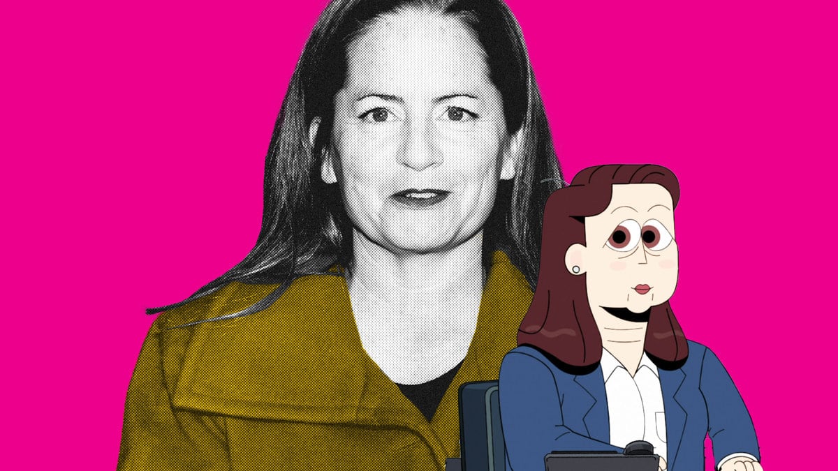 A photo illustration of Martha Kelly and her character Carol from Carol and the End of the World