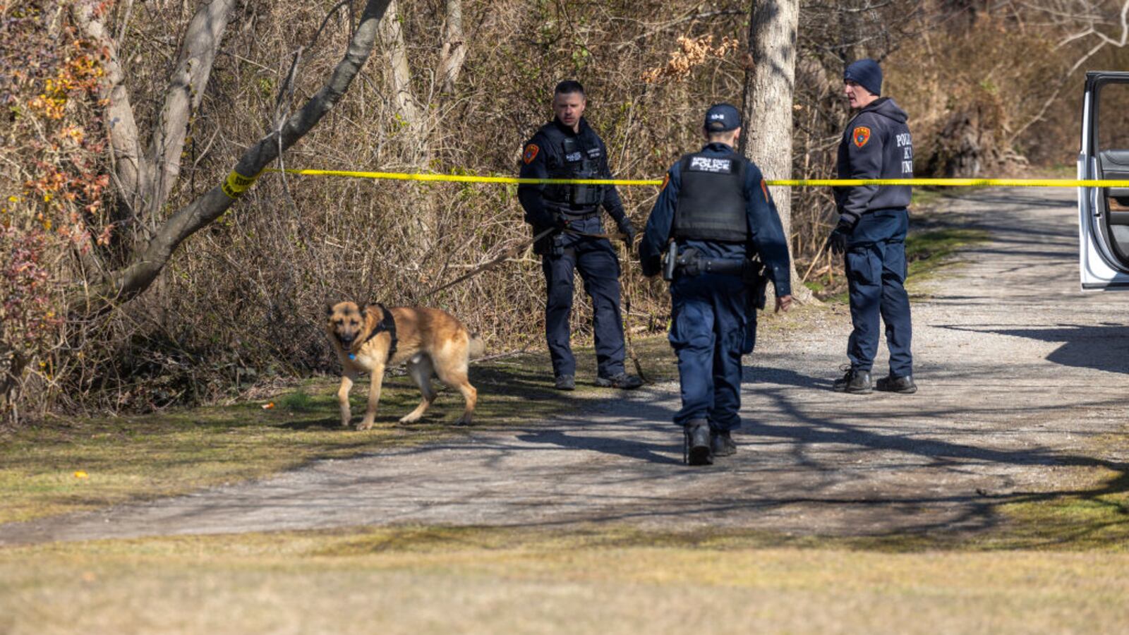 Police walk around a park as they search for evidence with a K-9 officer.