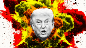 Photo illustrative gif of different Donald Trump heads in front of an explosion cloud