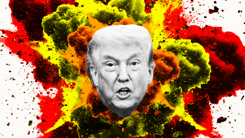 Photo illustrative gif of different Donald Trump heads in front of an explosion cloud