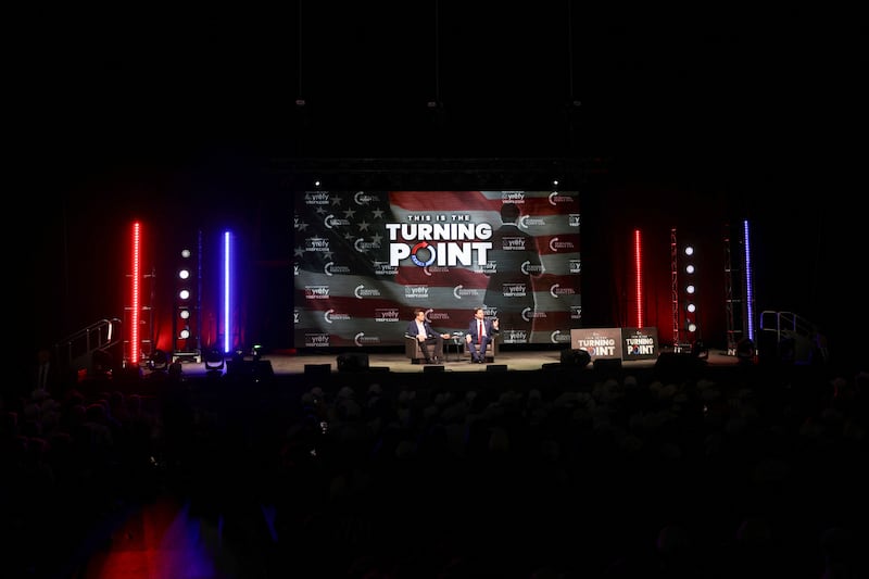 U.S. Vice President JD Vance speaks with Turning Point USA spokesperson Andrew Kolvet at This is the Turning Point Tour at the University of Georgia in Athens, Georgia, U.S., April 14, 2026. REUTERS/Alyssa Pointer