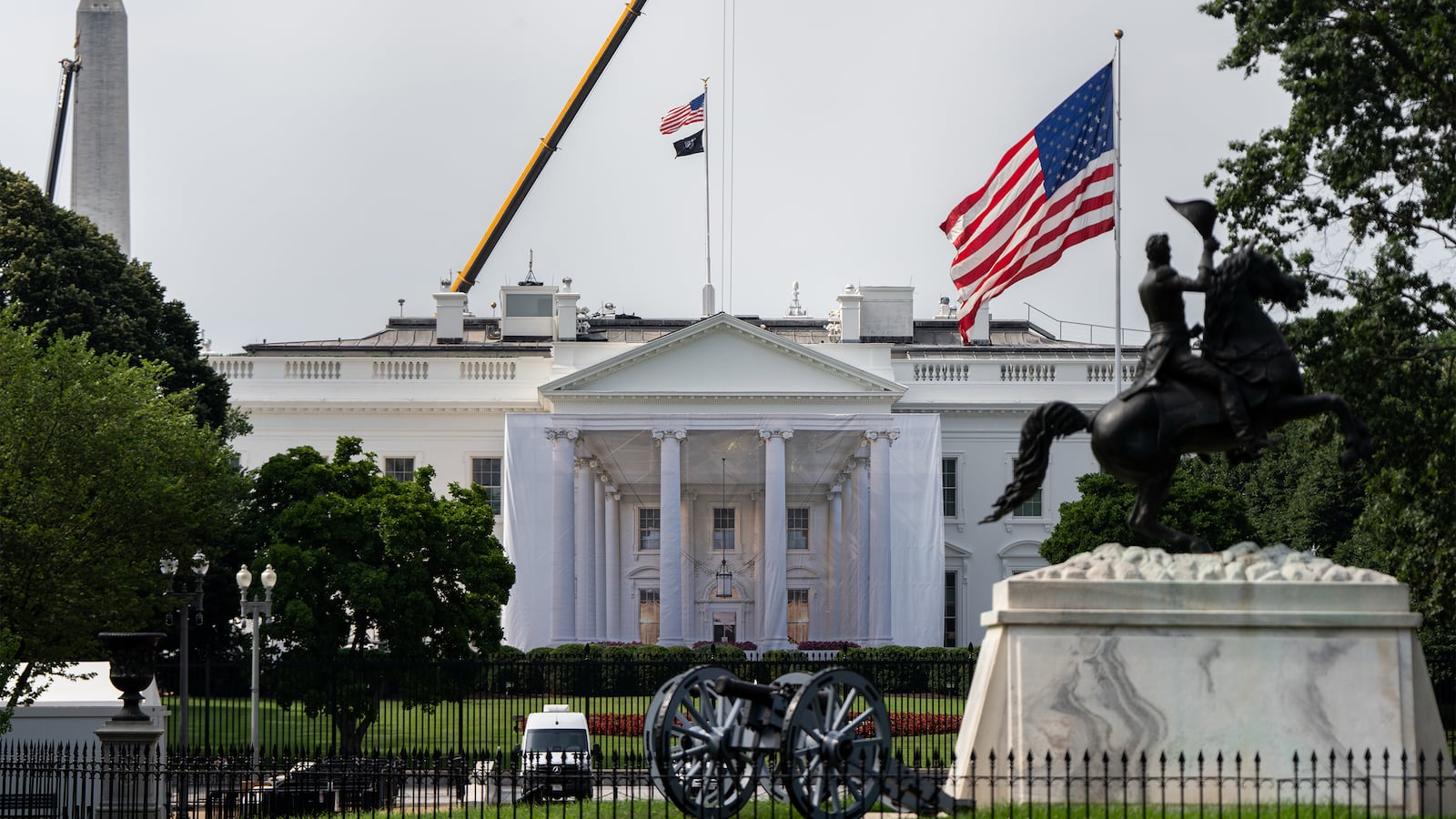 A tarp covers scaffolding on the North Portico of the White House, Friday, July 10, 2026, in Washington.