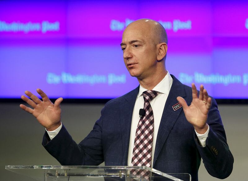 Jeff Bezos delivers remarks at the grand opening of the Washington Post newsroom.