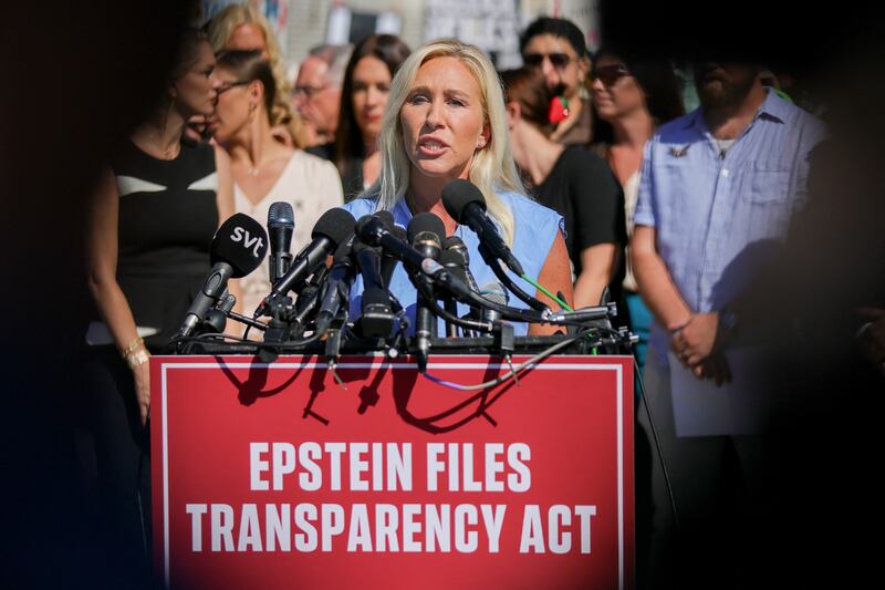 U.S. Representative Marjorie Taylor Greene (R-GA) speaks at a press conference alongside alleged victims of Jeffrey Epstein at the U.S. Capitol in Washington, D.C. on September 3, 2025, announcing the Epstein Files Transparency Act, which calls for the release of all unclassified documents in the Jeffrey Epstein case.
