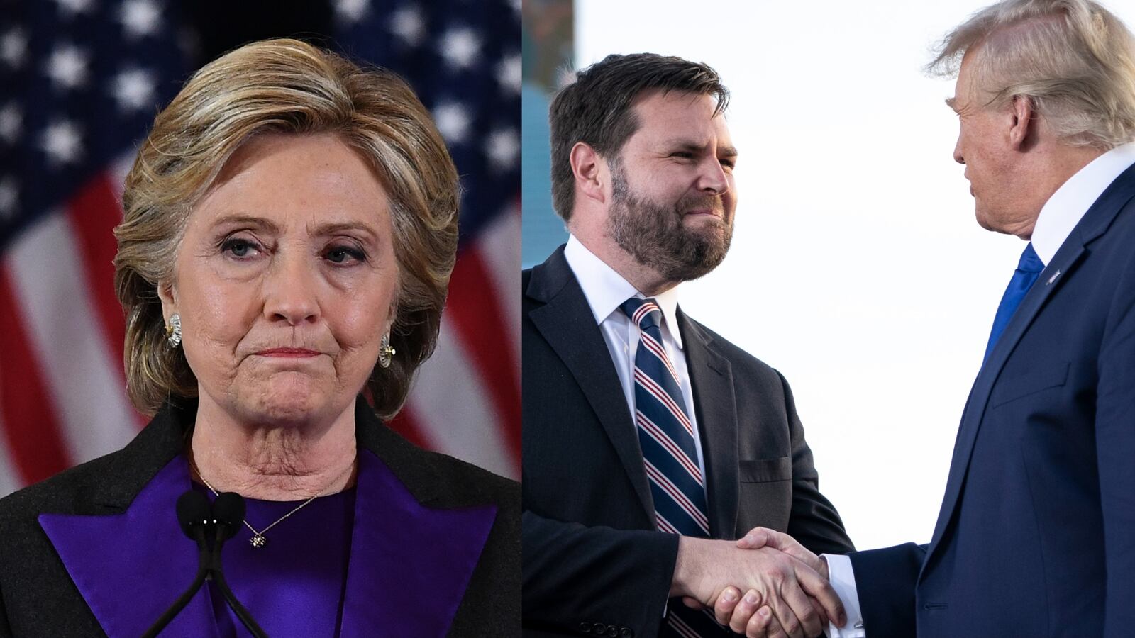 Combined photo of Hillary Clinton (left) and J.D. Vance (center) shaking hands with former President Donald Trump (right) during a rally.