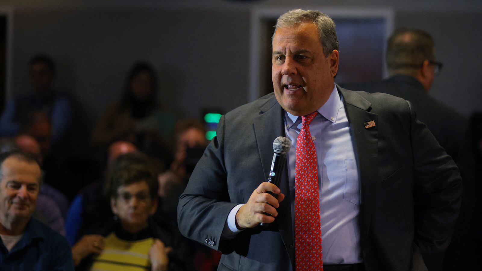 Former New Jersey Gov. Chris Christie speaks at the Institute of Politics at Saint Anselm College in Manchester, New Hampshire, March 27, 2023.