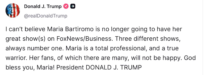 Donald Trump lends his support to Maria Bartiromo.
